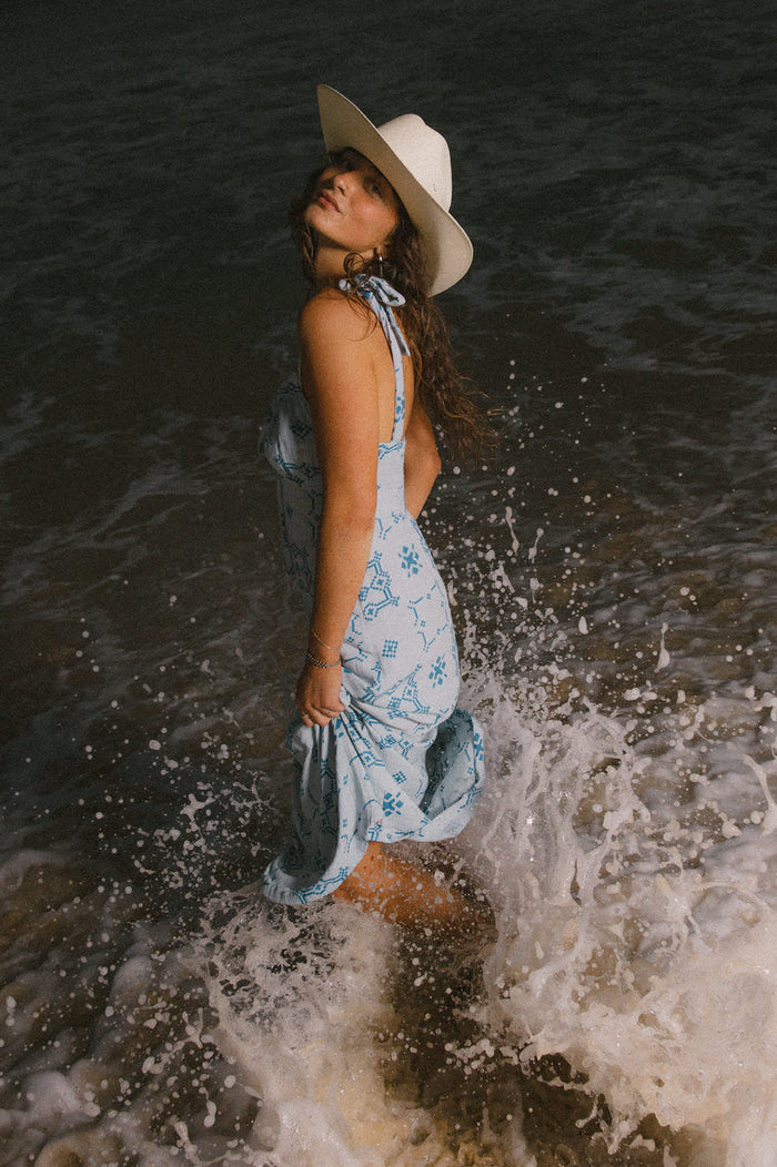 Women's The Tie Dress in the color Aura Blue Tile Print - Men's Lifestyle image