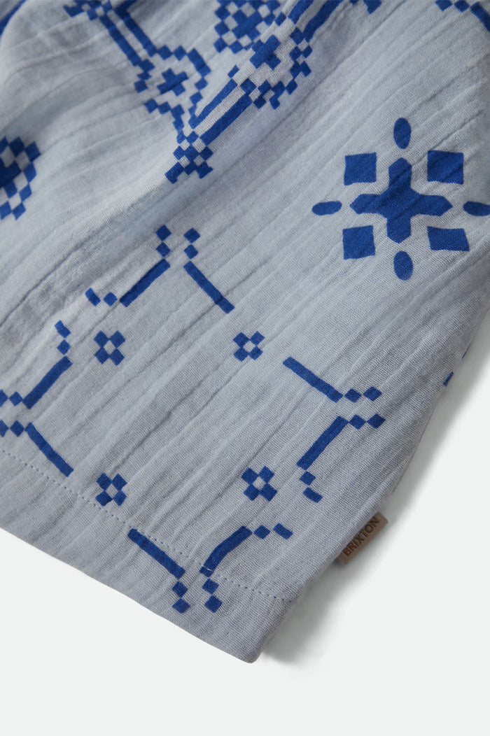 Women's The Tie Dress in the color Aura Blue Tile Print - Additional Laydown image