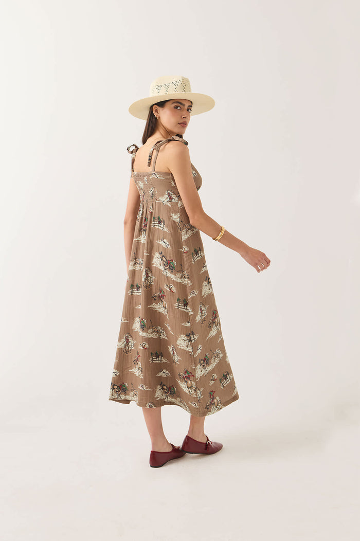 Women's The Tie Dress in the color Mid Century Cowboy Print - Women's Side View