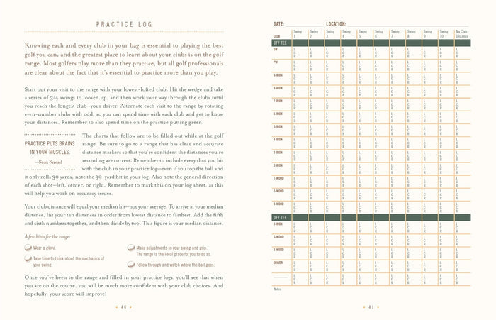THE ULTIMATE GOLF JOURNAL BY LISA BACH from CHRONICLE BOOKS lets golfers log dates, locations, and results with tips, practice instructions, distance tracking for each club, and notes— all on a stylish beige background.