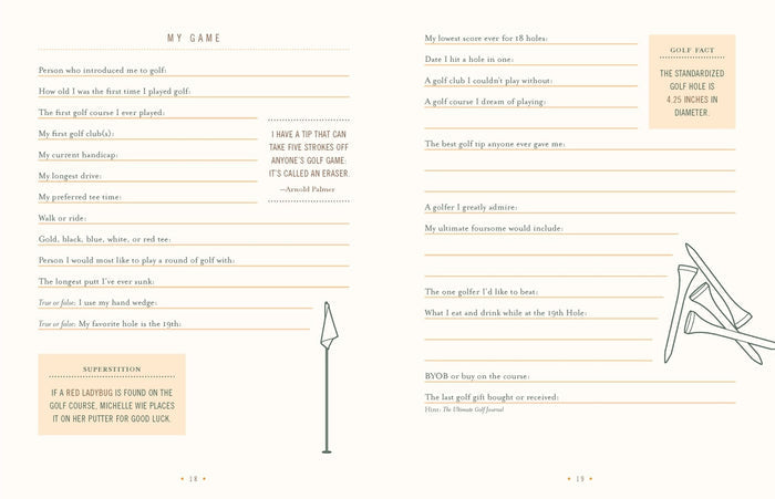 THE ULTIMATE GOLF JOURNAL BY LISA BACH from CHRONICLE BOOKS lets golfers log dates, locations, and results with tips, practice instructions, distance tracking for each club, and notes— all on a stylish beige background.