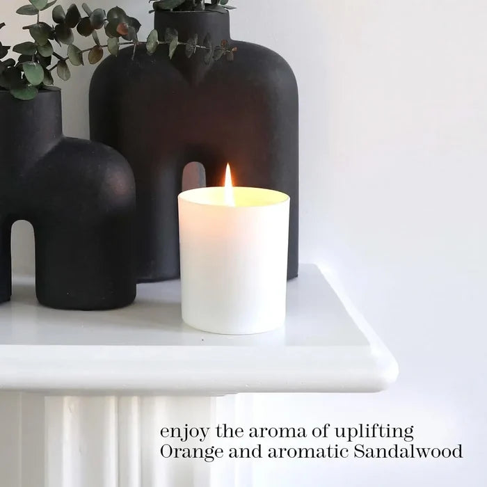 Enjoy the calming scent of Chamomile Scented Candle with uplifting Orange and aromatic Sandalwood.