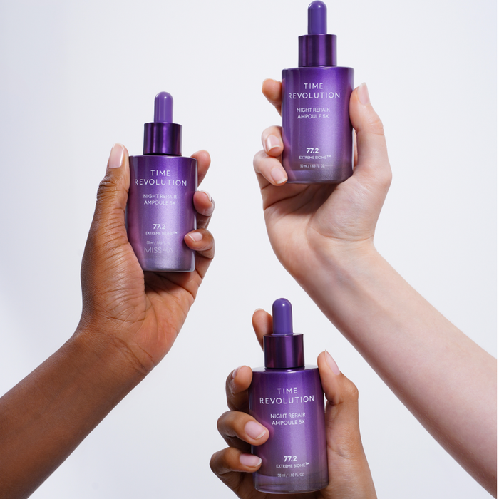 MISSHA Time Revolution Night Repair Ampoule 5X, Korean serum that improves elasticity and dark spots,helps firm skin,brightens skin overnight with model