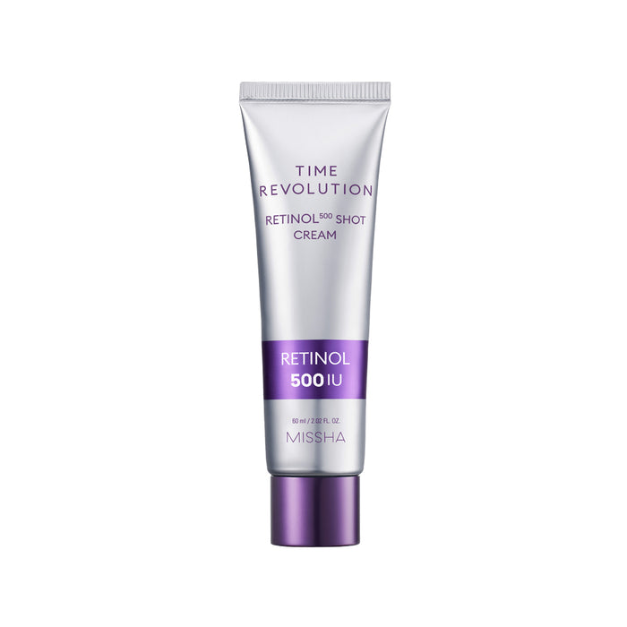A tube of Missha Time Revolution Night Repair Retinol 500 Shot Cream with purple and silver color scheme.