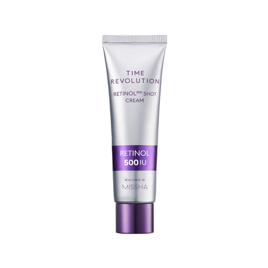 A tube of Missha Time Revolution Night Repair Retinol 500 Shot Cream with purple and silver color scheme.