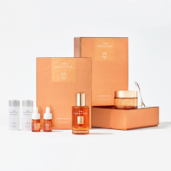 A collection of skincare products from Time Revolution, including a lifting serum, cream, essence, and other skincare items, presented with their packaging.