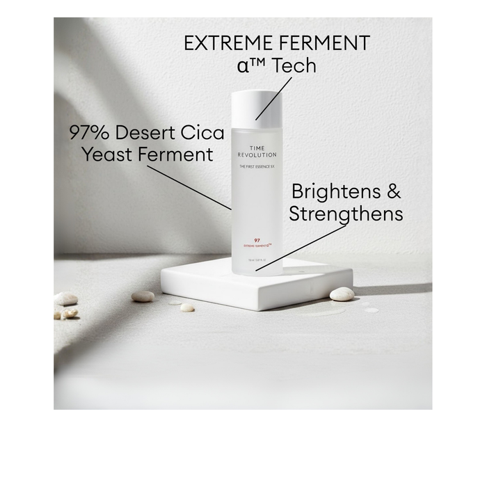 MISSHA Time Revolution The First Essence 5X with 97% Desert Cica Yeast Ferment and Extreme Ferment Alpha Tech to help brighten and strengthen.