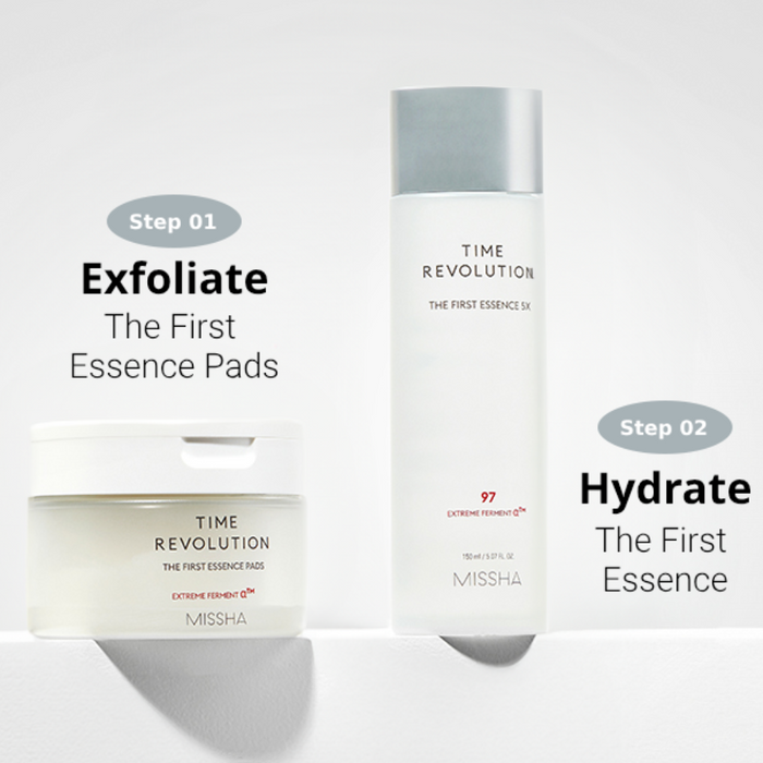 MISSHA Time Revolution skincare duo showing Step 01: Exfoliate with The First Essence Pads, and Step 02: Hydrate with The First Essence, presented on a clean white background.