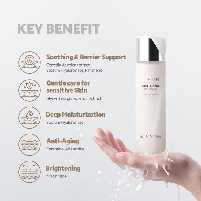 A 50 ml (1.69 fl. oz.) bottle of TIRTIR - MILK SKIN TONER MINI by KOSMIC KBEAUTY SKINCARE features a silver cap and white label with product details. This brightening toner delivers deep hydration for a radiant, glass skin effect.