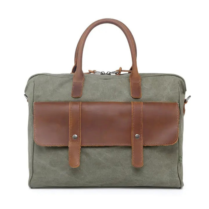 Top view of an open TSD BRAND - VALLEY HILL BRIEFCASE tote with brown leather handles, spacious interior, zip pocket, divider, and pink lining—a chic, sustainable TSD BRAND work bag for daily use.