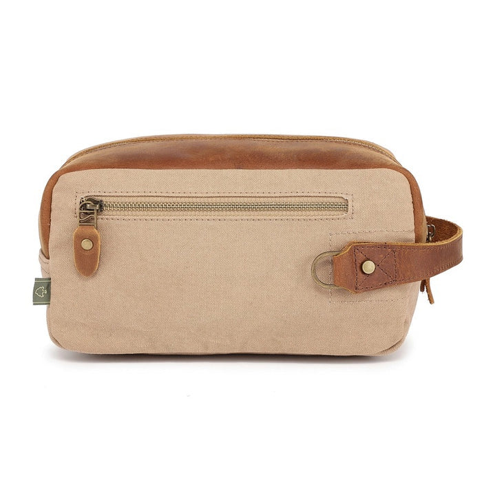 The TSD BRAND - VALLEY OAK TOILETRY BAG IN KHAKI is a handcrafted toiletry bag with a handle, shown open from above to reveal its empty beige fabric-lined interior—perfect for organized travel.
