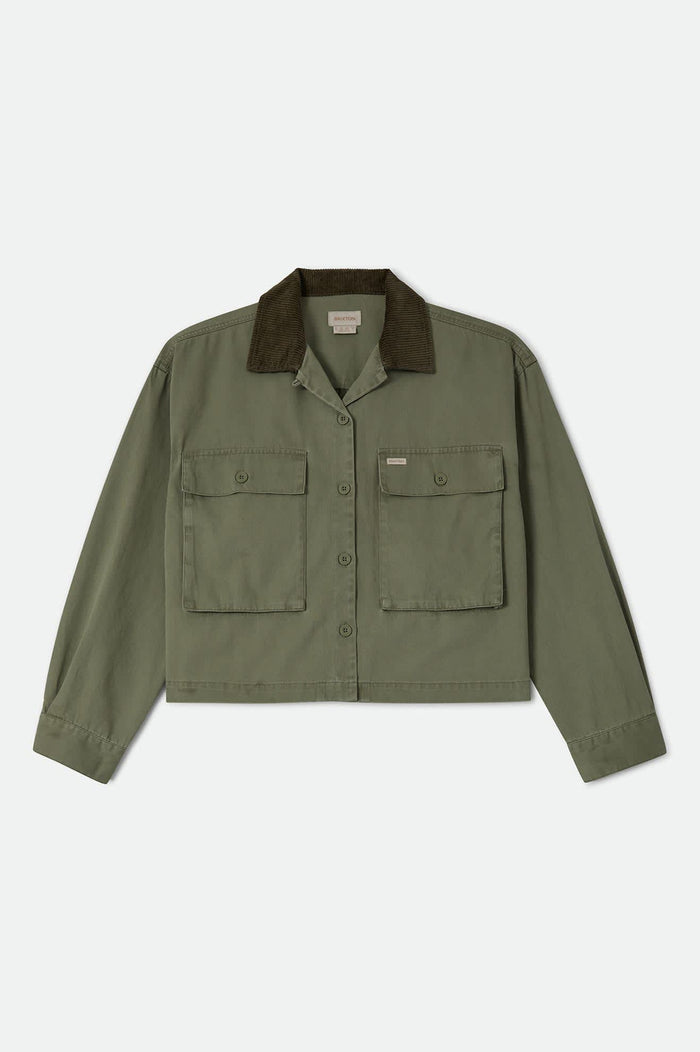 Women's Utopia Overshirt in the color Washed Olive Surplus - Front Product View