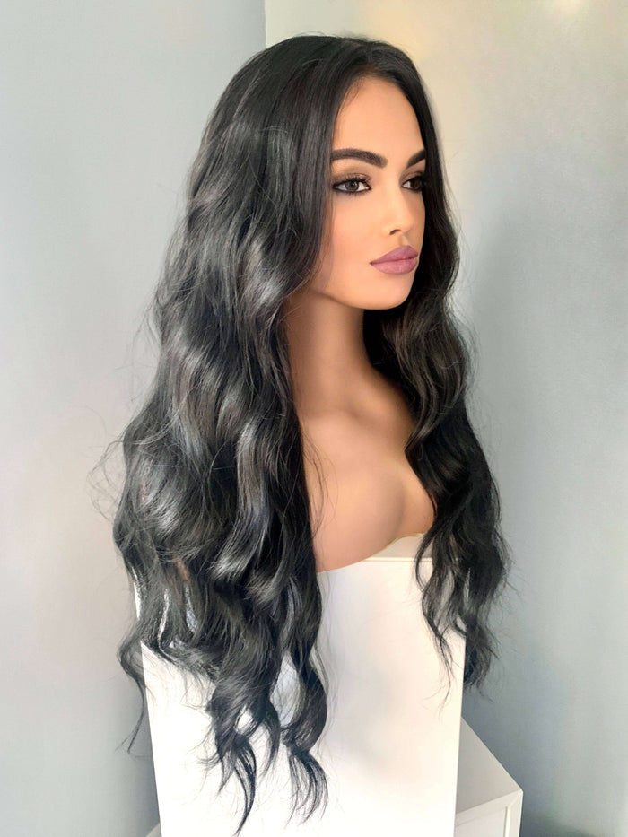Valentina Long Black Soft Waves Wig displayed on a mannequin with flowing soft waves.