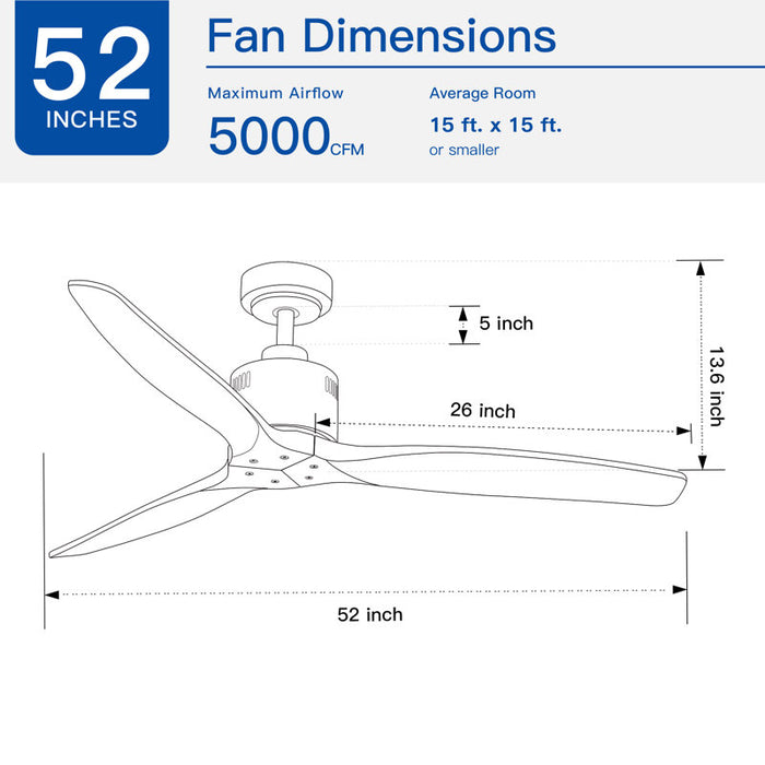 Ventilateur de plafond intégré style ferme de 132 cm (52 ​​po), sans éclairage, avec télécommande et 3 pales en bois massif
