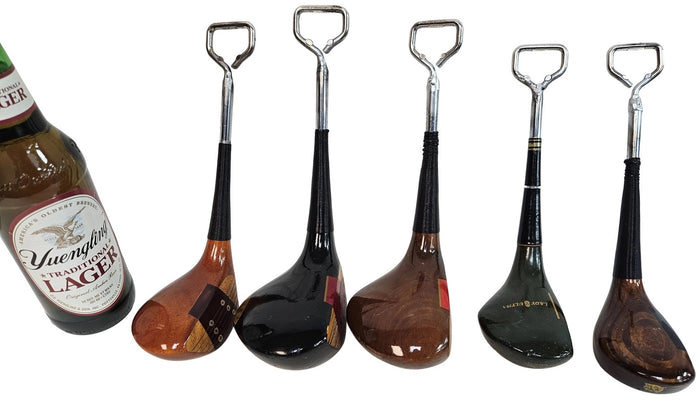 VINTAGE GOLF GIFTS' VINTAGE WOOD DRIVER BOTTLE OPENER features handles made from recycled wood golf clubs, designed to resemble classic club heads—unique vintage golf gifts, ideal for any enthusiast.