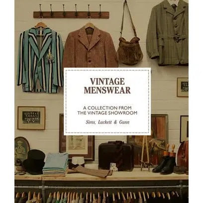 A navy utility rugby shirt with tan collar and cuffs, featuring a white bird patch, appears beside text discussing 1940s wartime Britain in "VINTAGE MENSWEAR: A COLLECTION FROM THE VINTAGE SHOWROOM" by Chronicle Books.