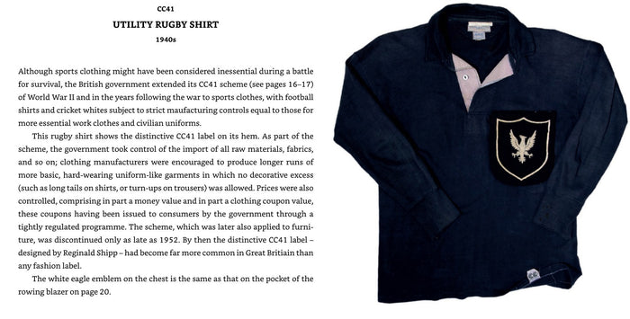 A navy utility rugby shirt with tan collar and cuffs, featuring a white bird patch, appears beside text discussing 1940s wartime Britain in "VINTAGE MENSWEAR: A COLLECTION FROM THE VINTAGE SHOWROOM" by Chronicle Books.