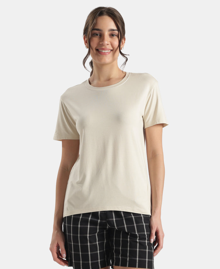 Viscose Elastane Stretch Fabric Relaxed Fit Drop Shoulder Styled T-Shirt - Almond Milk