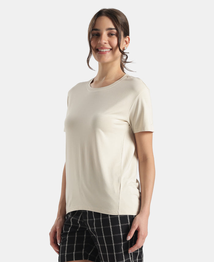 Viscose Elastane Stretch Fabric Relaxed Fit Drop Shoulder Styled T-Shirt - Almond Milk