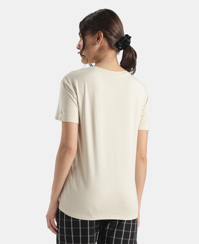 Viscose Elastane Stretch Fabric Relaxed Fit Drop Shoulder Styled T-Shirt - Almond Milk