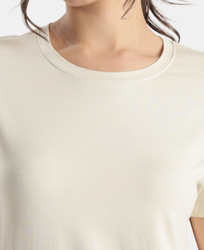 Viscose Elastane Stretch Fabric Relaxed Fit Drop Shoulder Styled T-Shirt - Almond Milk