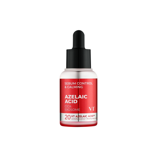 VT Azelaic A1 Calming Ampoule is a lightweight soothing ampoule designed to calm irritation, balance oil, and improve overall skin clarity. Formulated with Azelaic Acid, it helps reduce redness and support a more even-looking complexion. Panthenol and Madecassoside provide calming care, while Centella Asiatica Extract and Tea Tree Extract help comfort sensitive or blemish-prone skin. Multiple forms of Hyaluronic Acid deliver deep hydration, leaving skin feeling balanced, smooth, and refreshed wi