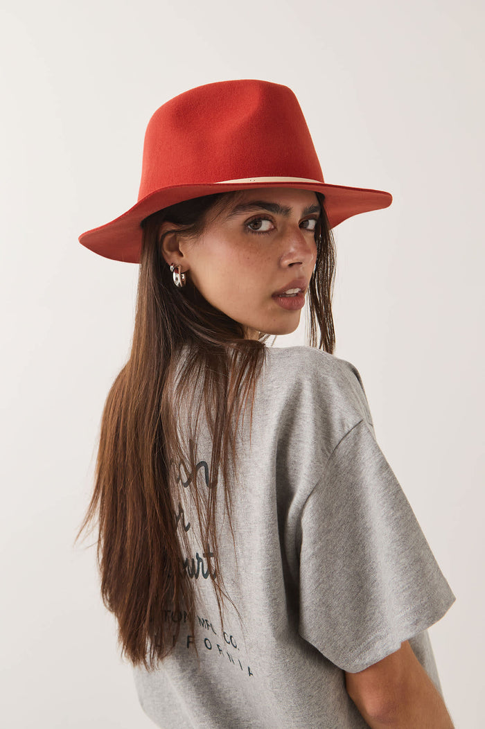 Unisex Wesley Fedora in the color Red Earth/Wax Paper - Women's Side View