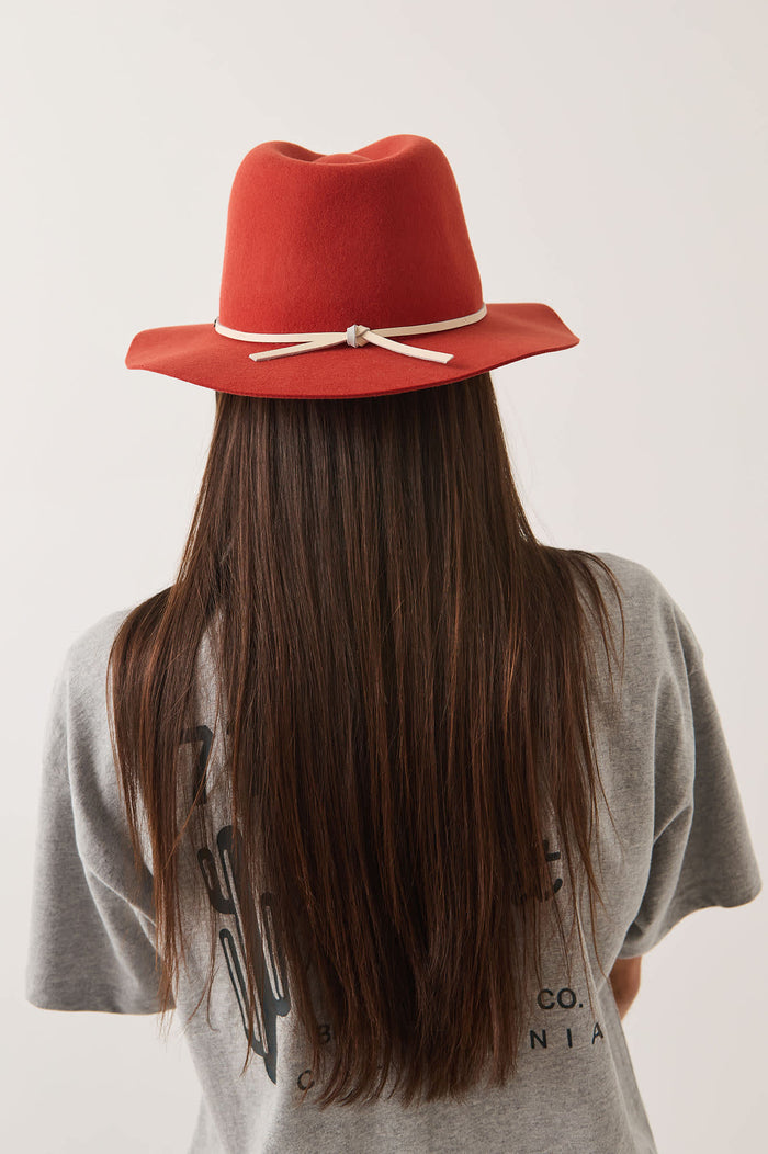Unisex Wesley Fedora in the color Red Earth/Wax Paper - Women's Back View