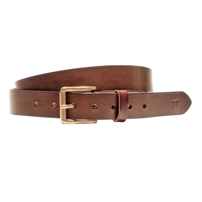 The WILL LEATHER GOODS - SADDLE BELT is a brown full-grain leather belt with a metal buckle and an embossed animal logo near the end, coiled on a plain white background—a timeless classic from WILL LEATHER GOODS for jeans.