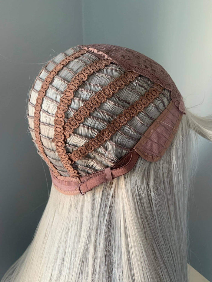 Inside view of the Winny Long Straight Grey Silver Wig with Bangs showing the lace cap construction.