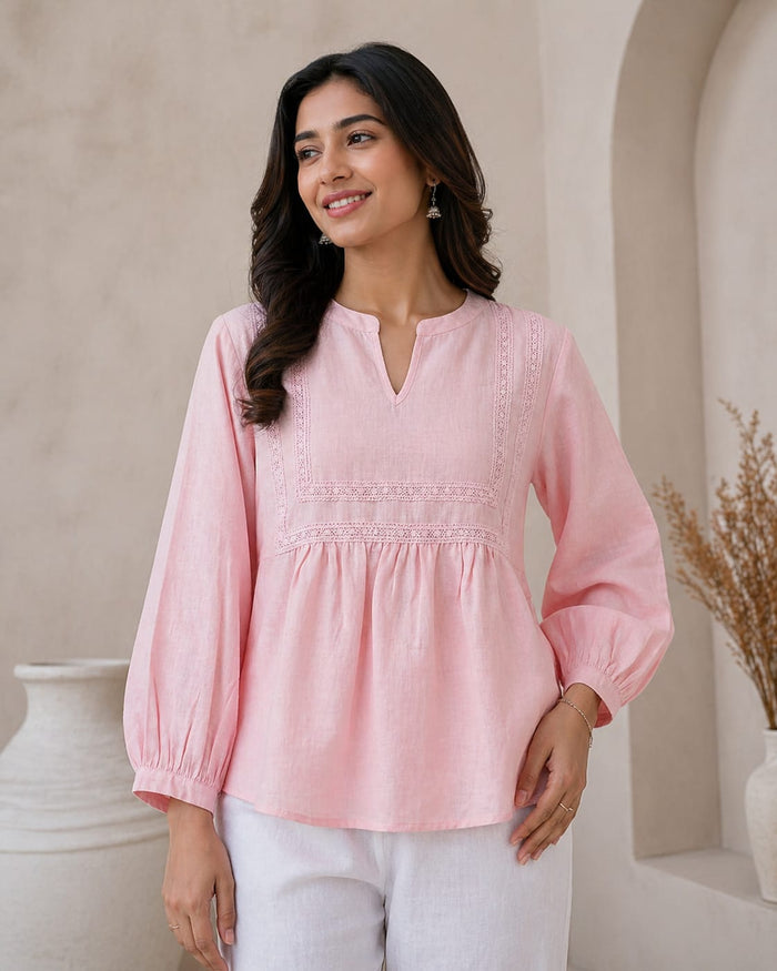 Women's Linen Cotton Lace Detail Mandarin Collar Top