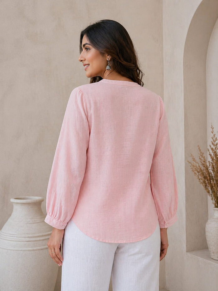 Women's Linen Cotton Lace Detail Mandarin Collar Top