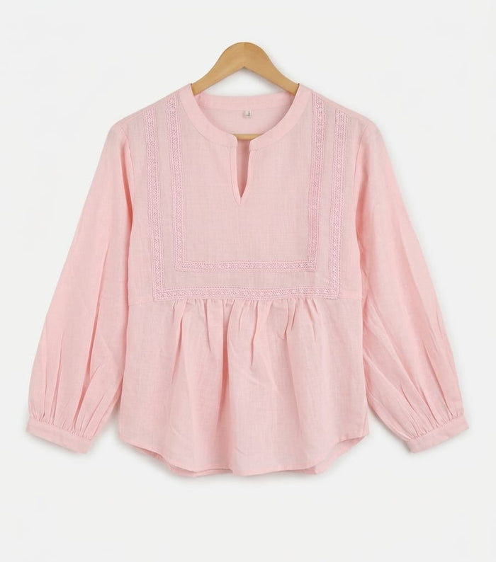 Women's Linen Cotton Lace Detail Mandarin Collar Top