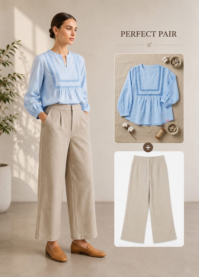Women's Linen Cotton Wide Leg Solid Trouser Pant – Beige Colour