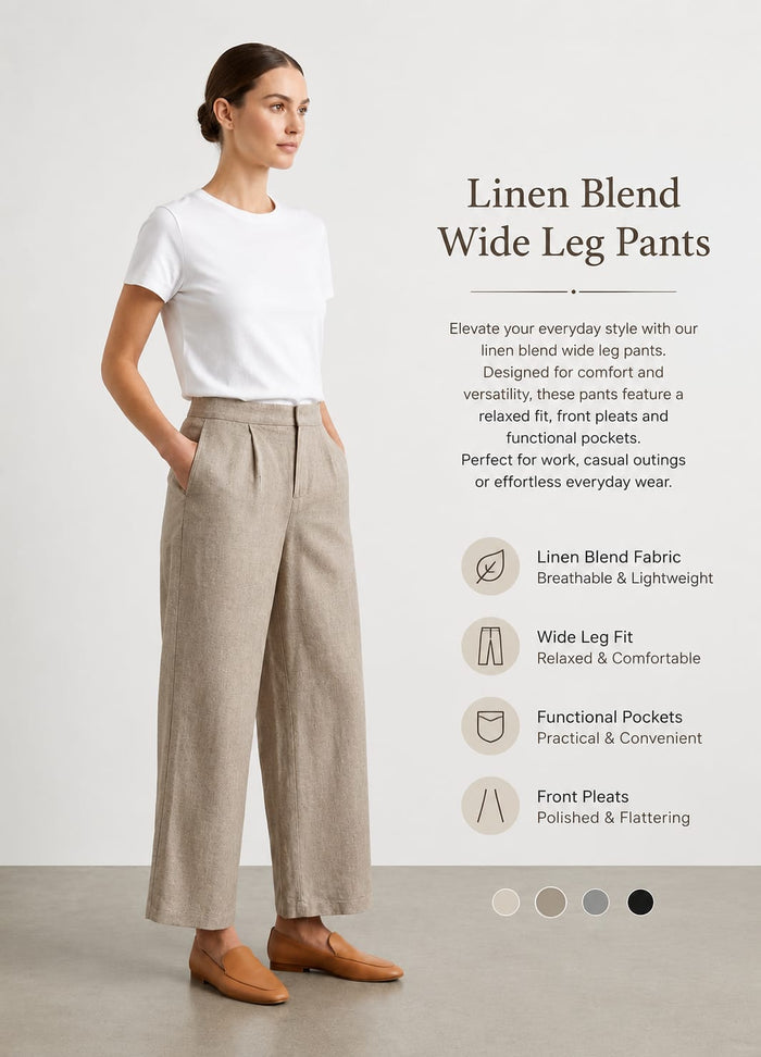 Women's Linen Cotton Wide Leg Solid Trouser Pant – Beige Colour