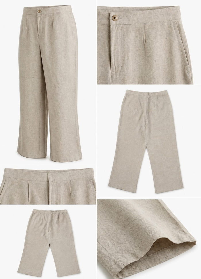 Women's Linen Cotton Wide Leg Solid Trouser Pant – Beige Colour