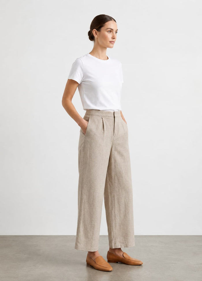 Women's Linen Cotton Wide Leg Solid Trouser Pant – Beige Colour