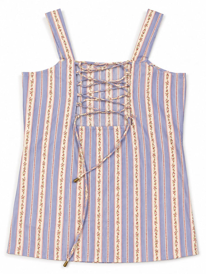 Women's Printed Sleeveless Square Neck Tank Top with Lace-Up Back  with Cotton Casual Summer Top