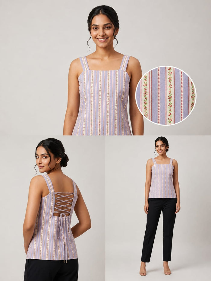 Women's Printed Sleeveless Square Neck Tank Top with Lace-Up Back  with Cotton Casual Summer Top