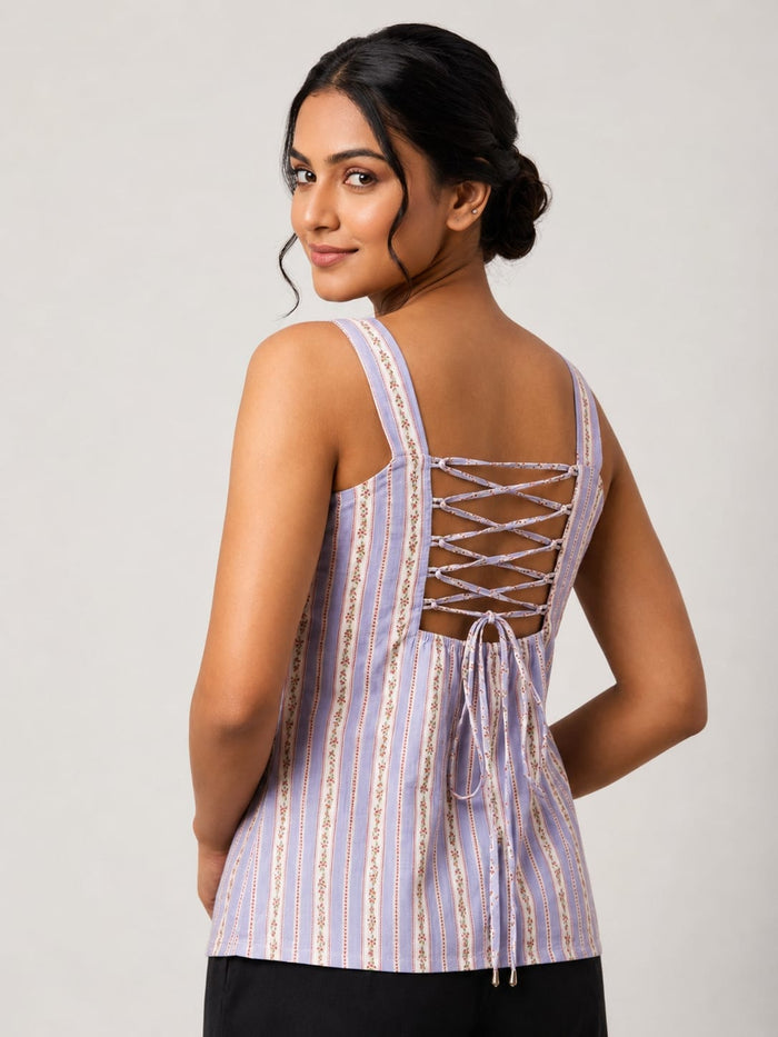 Women's Printed Sleeveless Square Neck Tank Top with Lace-Up Back  with Cotton Casual Summer Top