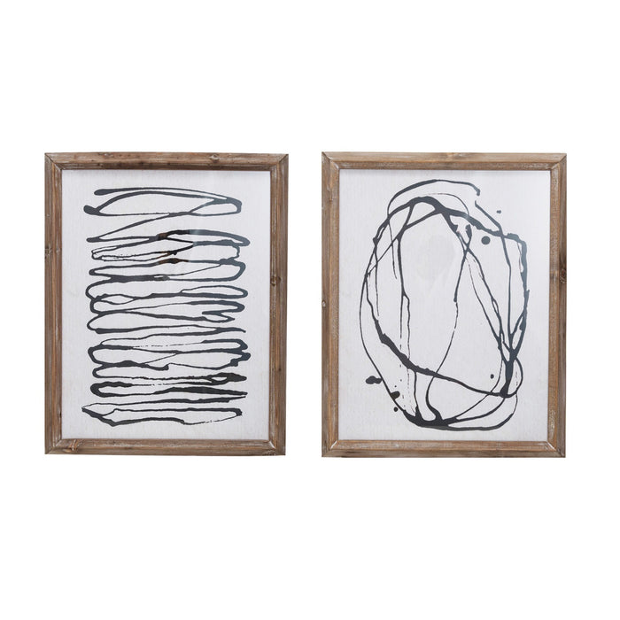 The WOOD FRAMED ABSTRACT LINE ART by CREATIVE COOP features two minimalist prints: one with stacked wavy black lines, the other with looping swirls forming an irregular oval, both on white backgrounds in wooden frames.