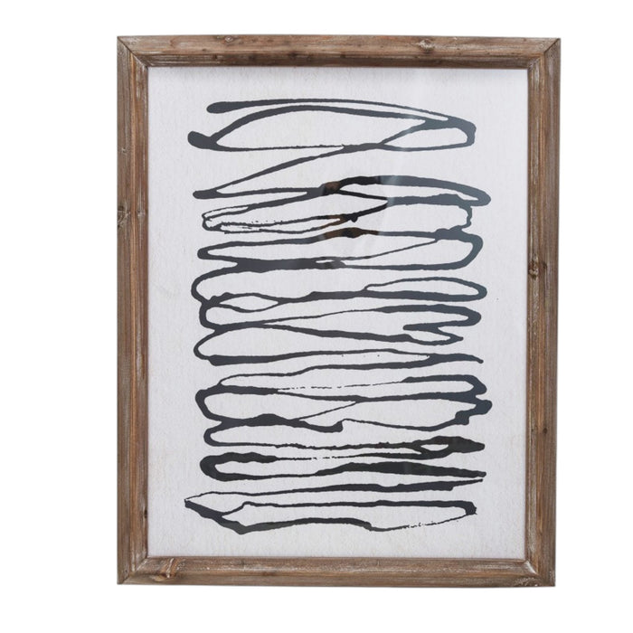 The WOOD FRAMED ABSTRACT LINE ART by CREATIVE COOP features two minimalist prints: one with stacked wavy black lines, the other with looping swirls forming an irregular oval, both on white backgrounds in wooden frames.