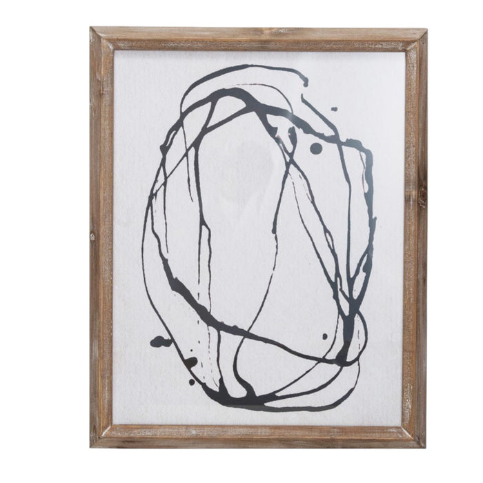 The WOOD FRAMED ABSTRACT LINE ART by CREATIVE COOP features two minimalist prints: one with stacked wavy black lines, the other with looping swirls forming an irregular oval, both on white backgrounds in wooden frames.