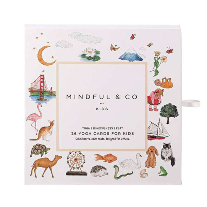 Yoga Flash Cards packaging featuring colorful illustrations and playful designs for children's mindfulness and yoga practice.
