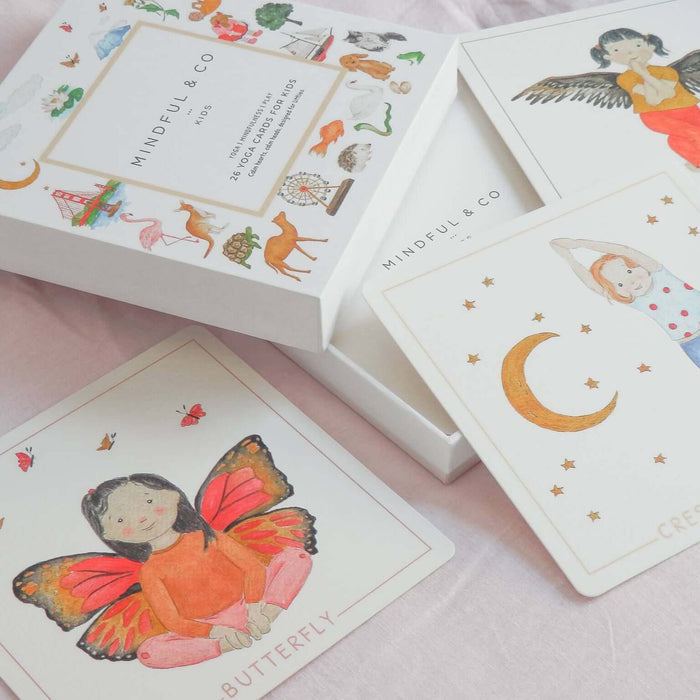 Kids Yoga Flash Cards featuring beautiful illustrations for mindfulness and movement learning.