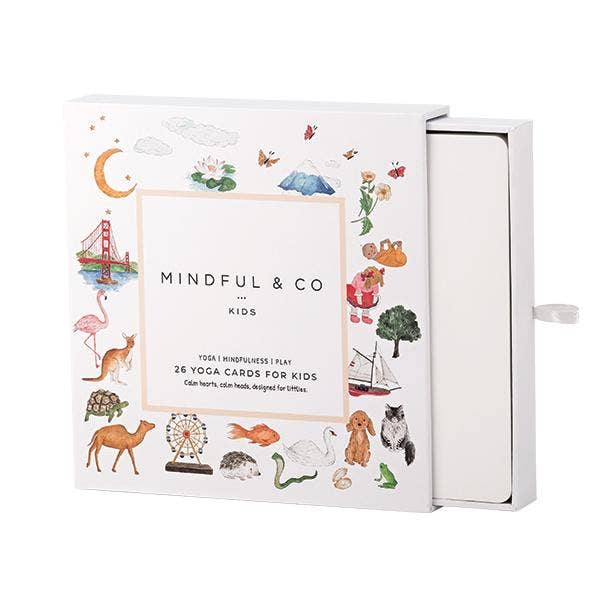 Yoga Flash Cards - Mindful & Co packaging featuring colorful illustrations and the title for kids' yoga activities.