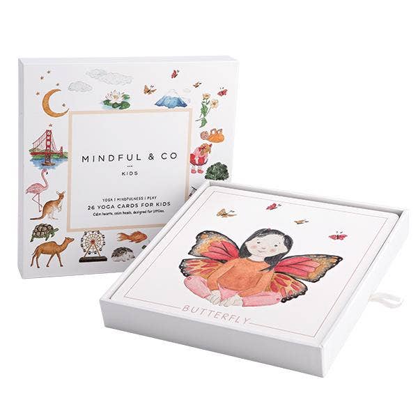Yoga Flash Cards in a beautifully illustrated box featuring a butterfly design for kids mindfulness and movement.